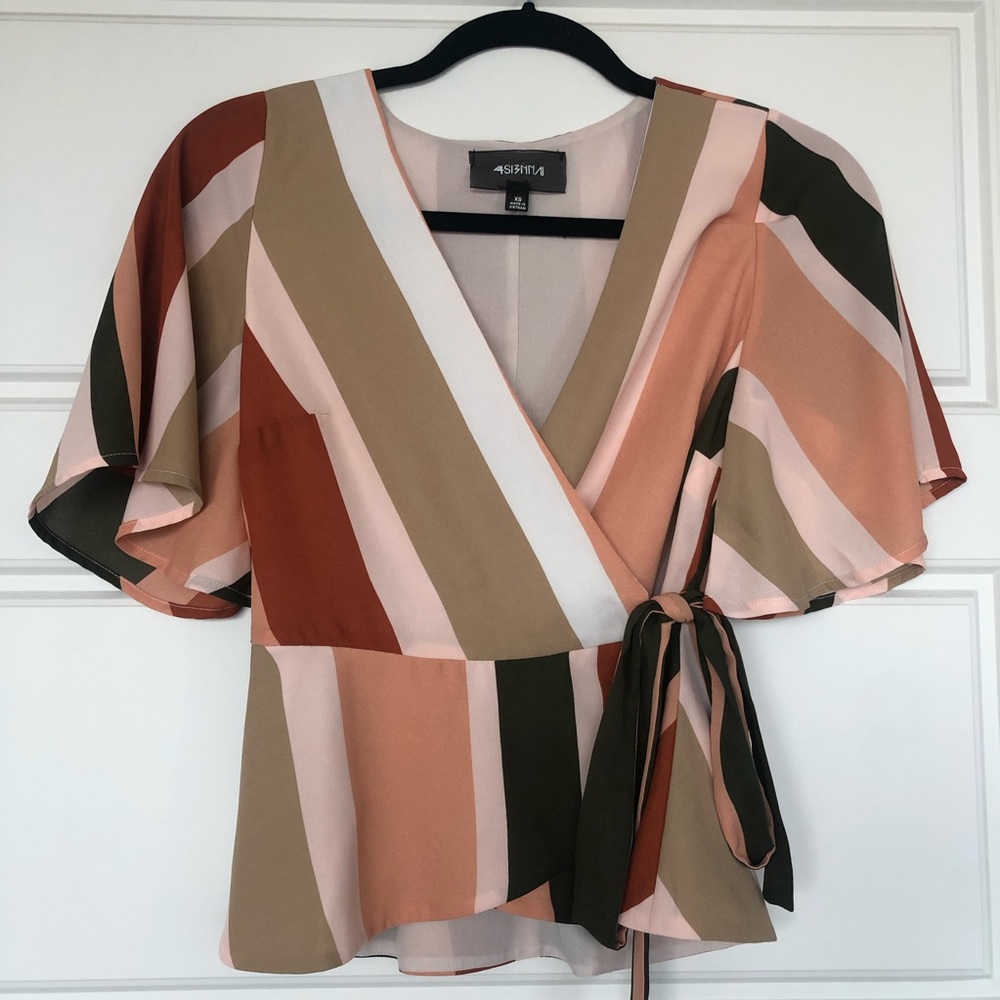 XS Striped Tie Wrap Blouse Top NWOT